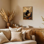 Funny Black Cat Wall Art Whimsical Cat Riding a Shark Wall Decor Picture Unique Animal Ocean Poster Canvas Painting Prints for Bedroom Living Room 12x16 inch Framed