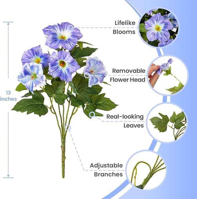 6 Pcs Artificial Petunia Flowers for Outdoor, Fake Spring Petunias Faux Silk Flowers for Outdoors UV Resistant Plants for Planters Garden Porch Patio Window Box Indoor Table Decor(White Blue)