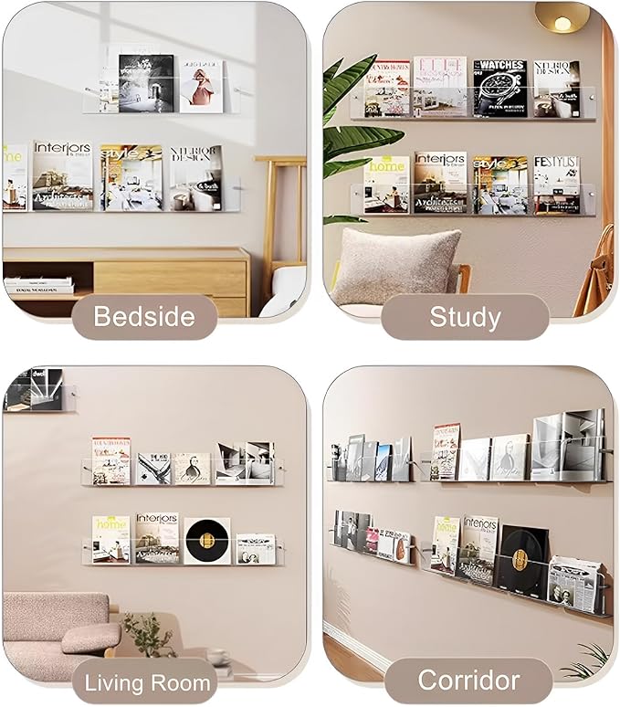 ROYALITA 2-Pack Acrylic Magazine Holder Vinyl Records Holder, Display Floating Nursery Bookshelves Wall Decor Hanging Magazine Holder for Waiting Room, Living Room