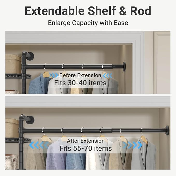 Timate S3X Medium Expandable Wall Mounted Clothes Rack with 6 Adjustable Shelves & 4 Expandable Hanger Rods, Heavy Duty Industrial Pipe Clothing Rack for Hanging Clothes, Fits Spaces 5'3"- 8', Black