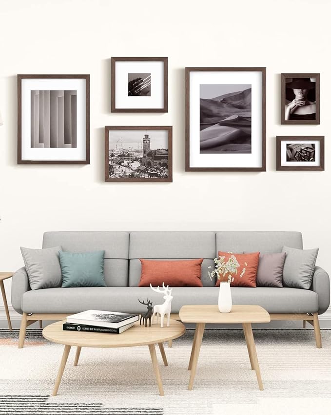 Egofine 9x12 Picture Frames Set of 4, Made of Solid Wood Covered by Plexiglass 5x7 and 6x8 with Mat or 9x12 without Mat, for Table Top Display and Wall Mounting Photo Frame Brown