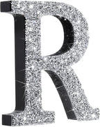 Qunclay 5.7" Silver Crystal Diamond Bling Letters Crushed Diamond Decoration Wooden Glitter Letter with Screw and Hooks Rhinestone Gift for Wedding Y2k Mcbling Bedroom Wall Decor (Letter R)