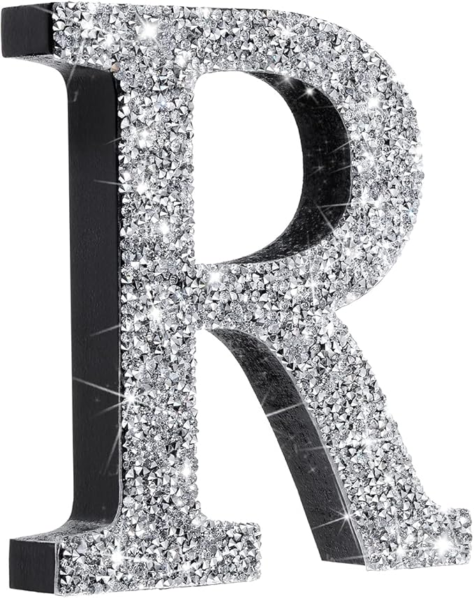 Qunclay 5.7" Silver Crystal Diamond Bling Letters Crushed Diamond Decoration Wooden Glitter Letter with Screw and Hooks Rhinestone Gift for Wedding Y2k Mcbling Bedroom Wall Decor (Letter R)