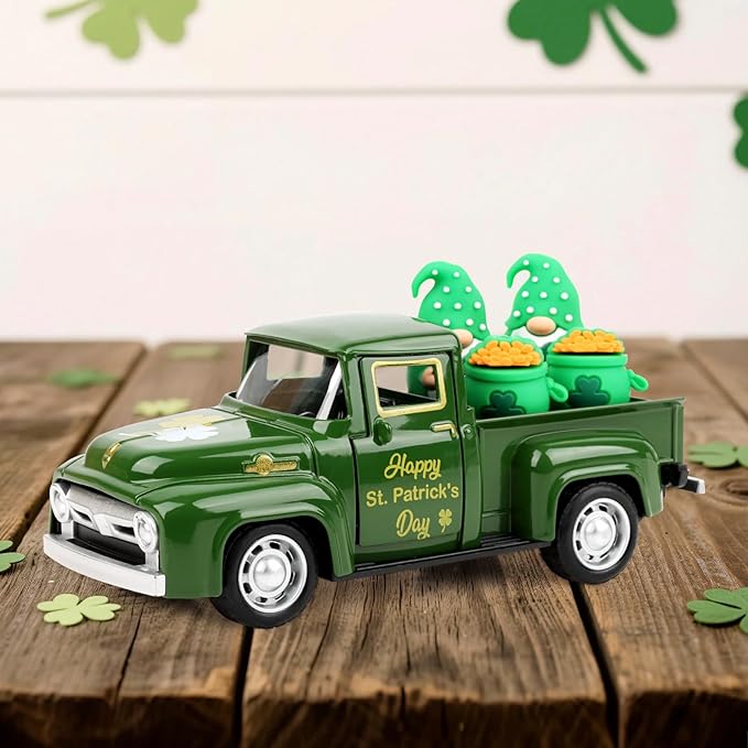Hxezoc St Patricks Day Shamrock Truck Decor Green Vintage Metal Truck Spring Farmhouse Tabletop Mantle Decoration for Home Kitchen Office St Patricks Day Theme Party Supplies