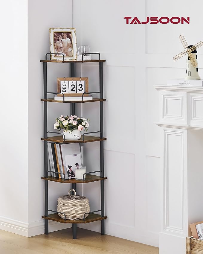 Tajsoon Corner Shelf Stand, 5 Tier Industrial Corner Shelves, Multipurpose Standing Display Shelf, Corner Shelving Unit for Bedroom, Living Room, Office, Kitchen, Rustic Brown