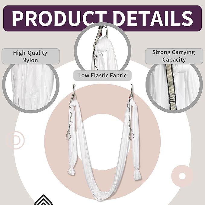 Kojem Aerial Silk Fabric Yoga Swing Kit For Fitness Yoga Inversions Flexibility Core Strength Dance White Nylon Fabric 6.6/13.1 Yards