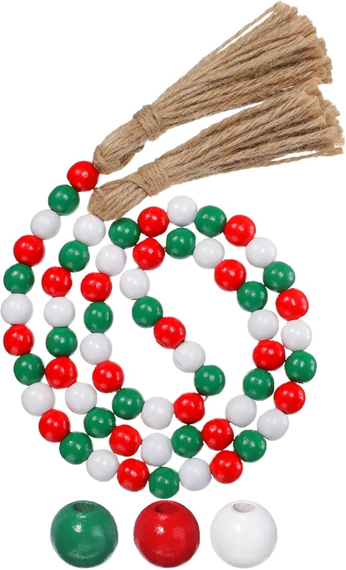 Equsion Seasonal Wooden Bead Garland with Tassels, 3.3 ft Holiday Vintage Boho Bead Garland Easter Tray Decoration, Vase Wall Room Art Birthday Party Decoration(Christmas Colors)
