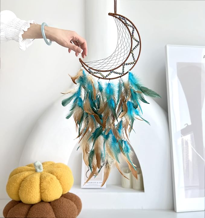 Green Dream Catchers, Large Moon Dream Catcher for Bedroom, Perfect Handmade Dream Catchers Wall Decor Hanging Ornament Art Craft Gift(Green Moon)