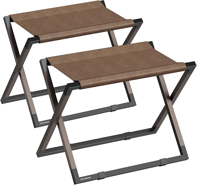 SONGMICS Luggage Racks, Set of 2 Foldable Suitcase Stands, Metal Luggage Holders, Synthetic Leather, Easy to Assemble, for Guest Room, Hotel, Bedroom, Walnut Brown and Ink Black URLR010K02