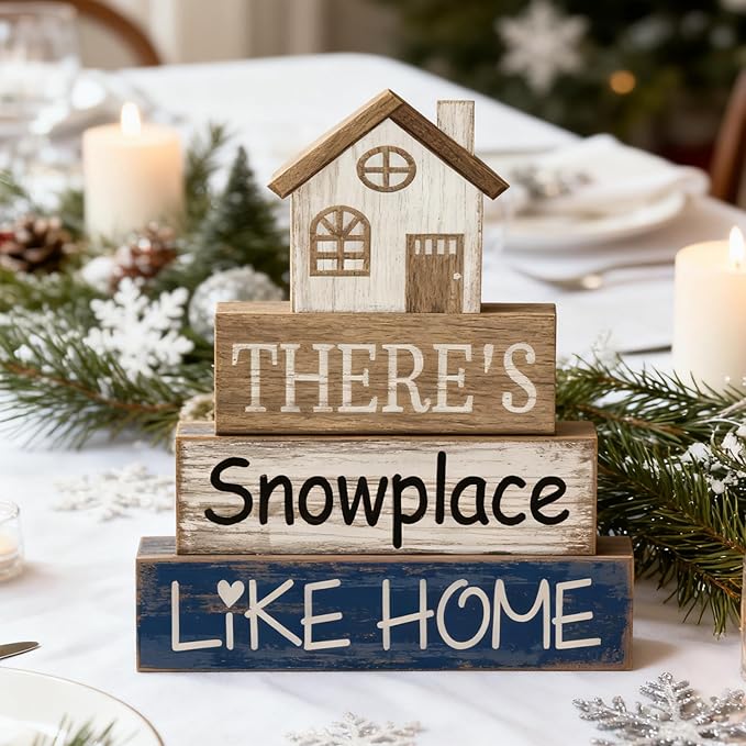 Lineshading 4 Pcs Christmas Table Decoration Wooden House Decor Christmas Tiered Tray Decor Rustic Decorative Home Block Signs Gifts Winter Centerpieces Farmhouse Sweet Home Decoration for Shelf