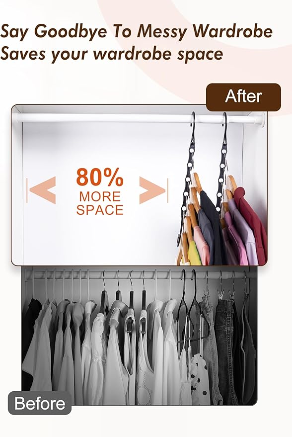 HOUSE DAY Closet Organizers and Storage 6 Pack, College Dorm Room Essentials, Multifunctional Organizer Magic Space Saving Hangers with 5 Holes, Storage Organization for Wardrobe Closet - Black