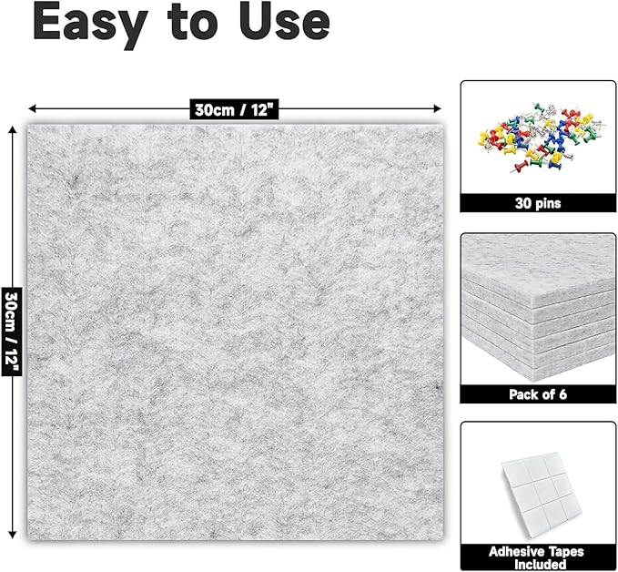 Cork Board for Walls 36" x 24", 6 Pack Felt Bulletin Board Wall Tiles with 30 Push Pins for Home Kitchen School Office Wall DIY Decorative