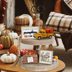4.9″ Mini Fall Vintage Metal Pumpkin Truck Decor with Pumpkins and Maple Leaves - Fall Rustic Farmhouse Style Table Centerpiece, Thanksgiving & Autumn Havest Tiered Tray Decoration for Home Kitchen