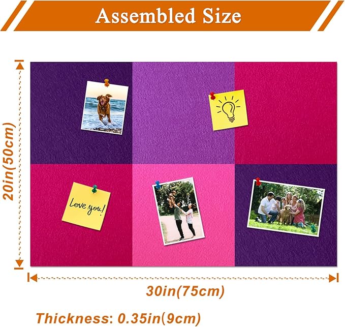 Square Felt Cork Bulletin Board Tiles, Self Adhesive DIY Felt Pin Board for Wall 30" x 20" with 35 Pushpins for Office School Home Wall Decor Stickers Memos Photos Display (Gradual Purple)