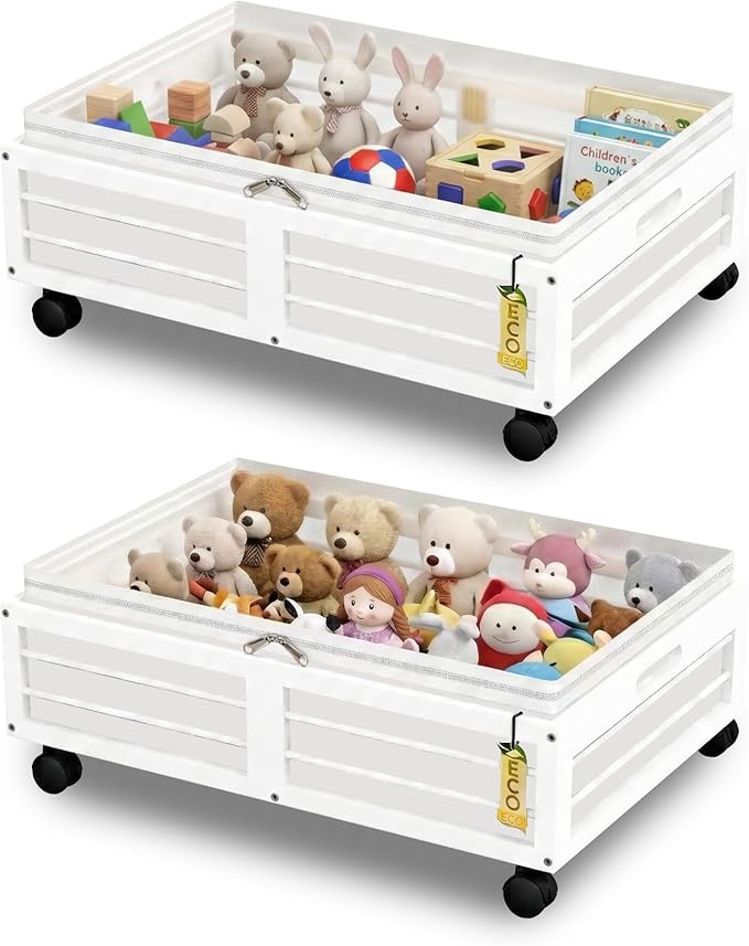 Under Bed Storage Containers with Wheels, Larger Bamboo Wood Under Furniture Storage Containers with Dust Bags，Rolling for Shoes Clothes
