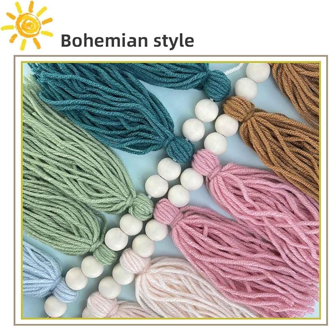 Rainbow Boho Tassel Wall Hanging with Wood Beads - Colorful Pastel Tassel Garland for Kids Room, Classroom, Bedroom, Nursery Home Decoration