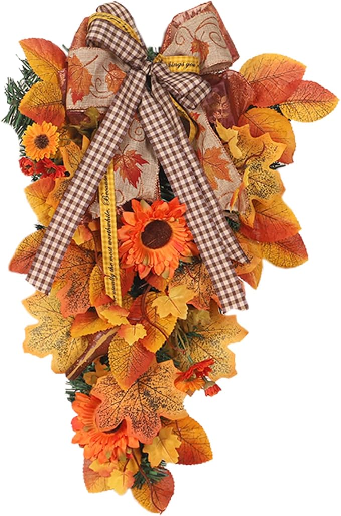 Harvest Teardrop Swag, 20inch Fall Teardrop Swag with Maple Leaves, Bow and Sunflowers, Autumn Decorative Swag Fall Floral Swag for Home Door Wall Decor(Without Light)