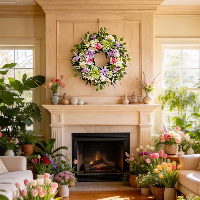 24 Inch Spring Wreath for Front Door, Artificial Spring Summer Floral Wreath with Dahlia Hydrangea Orchid for Home Wall Wedding Festival Indoor Outdoor Decor