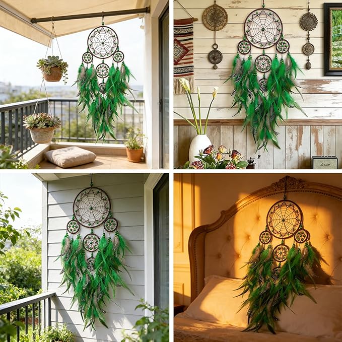 Large Dream Catchers Handmade Green Dream Catcher, Boho Wall Hanging Decor with Beads, Native American Style Dreamcatcher for Bedroom,Living Room,Home Ornament, for Birthday,Festival