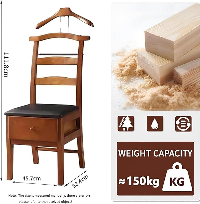 Chair Valet With Drawer,Wooden Suit Valet Stand With Contour Hanger,Trouser Bar & Tie Bar - Freestanding Clothing Organizer For Men & Women,Ideal For Office & Hotel