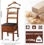 Chair Valet With Drawer,Wooden Suit Valet Stand With Contour Hanger,Trouser Bar and Tie & Belt Bar, 18" W x 23" D x 44" H,Natural wood color