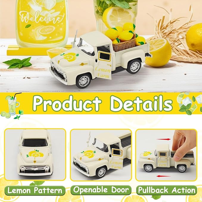 Lemon Decor - 4.9″Farmhouse Vintage Metal Truck with Mini Fake Lemons for Home Kitchen Table, Shelf, Party Decorations and Lemonade Stand Decor Summer Tiered Tray Decoration