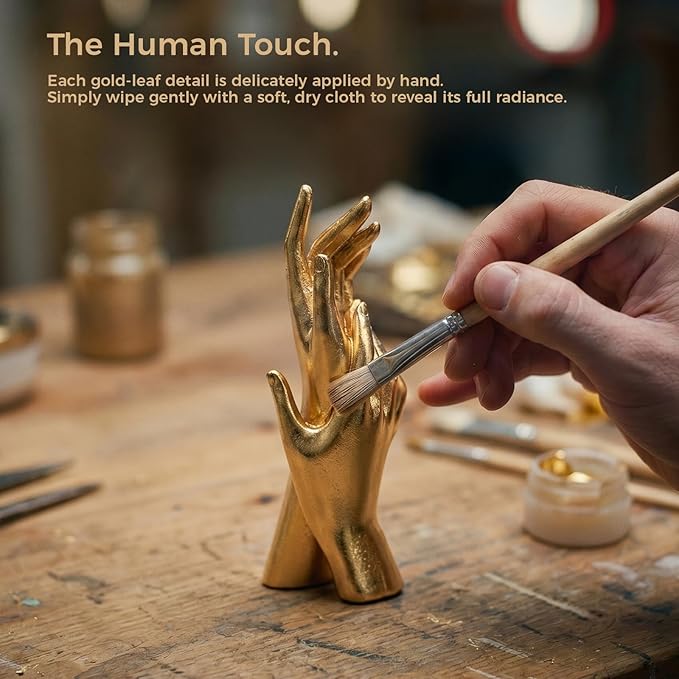 Golden Hands Sculpture - Elegant Resin Statues for Aesthetic Shelf Decor, Office Desktop & Cabinets | 3.54" D x 2.36" W x 9.06" H, Interlocking Hands