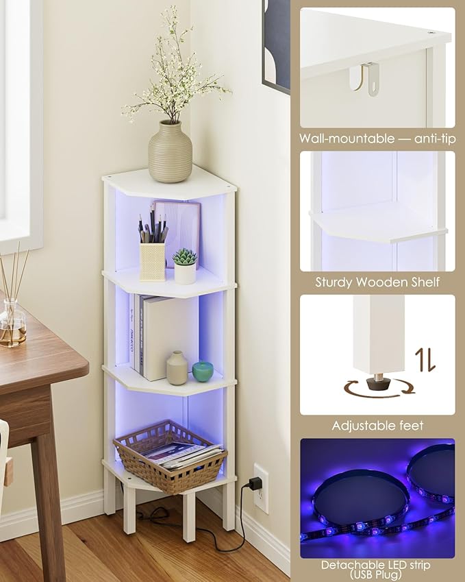 Corner Shelf Stand Corner Bookshelf with Light, 4-Tier Wall DisplayCorner with Storage Rack for Living Room,Bedroom,Office, White