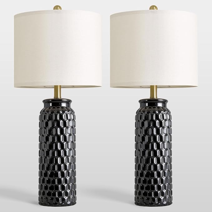 USumkky 27" Ceramic Table Lamps Set of 2 - Modern Farmhouse & Boho Style, Bedside Nightstand Lamps for Bedroom, Living Room End Table Lamps, Small Desk Lamp(Black)