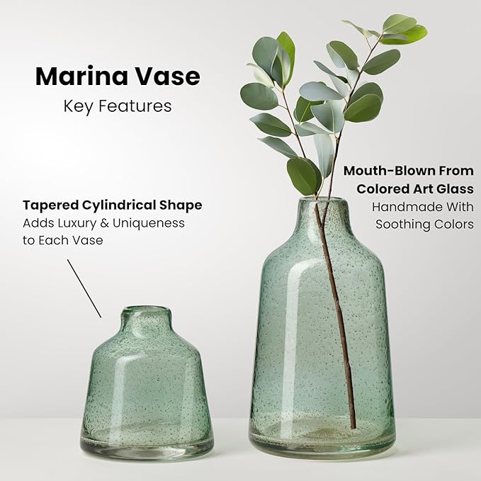 Torre & Tagus 10 Inch Tall Green Glass Vase with Gold Flakes, Mouth Blown Glass Vases Green Flower Vase Centerpieces, Watertight for Hydroponic Plants, Coastal Seagreen Gold Decor Accents (Marina)