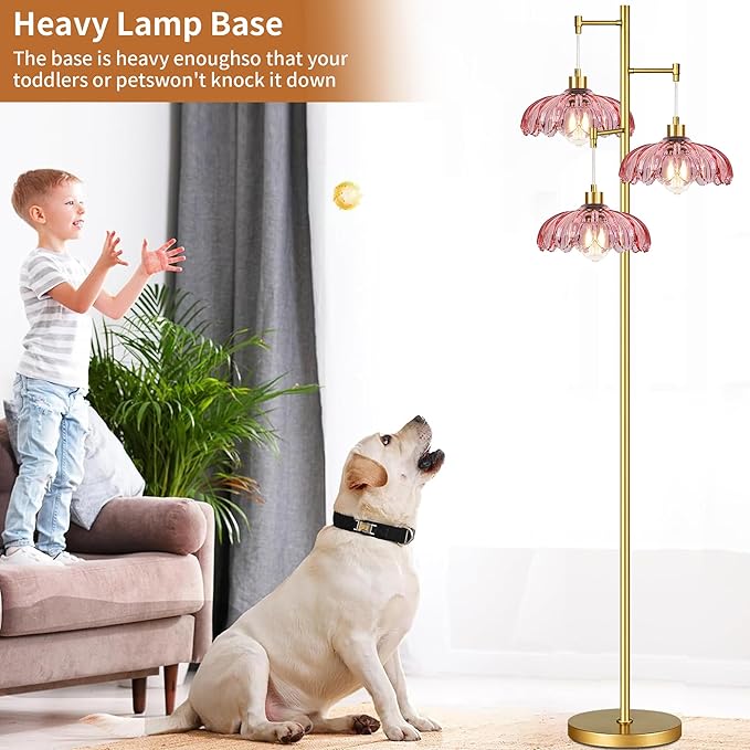 QIYIZM Pink Floor Lamp for Living Room,Bedroom,Gold Mid Century Modern Standing Lamp Brass Tree 3 Light Tall Floor Lamps Vintage Retro Floor Lights Glass Flower Lamp Shade Farmhouse Boho Bohemian