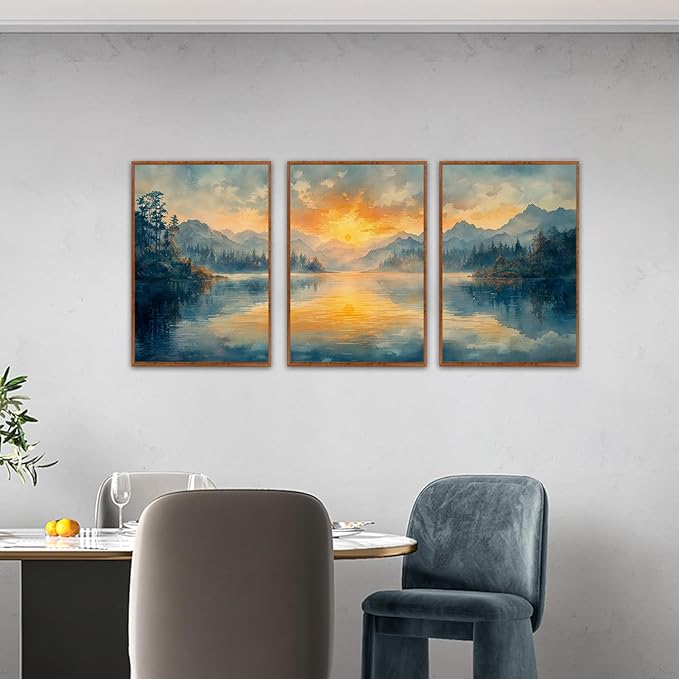 KAlRNE Landscape Wall Art Set of 3(24”X36”),Abstract Nature Wall Decor,Blue Forests Lake Canvas Paintings,Framed Watercolor Sunset Mountains Prints For Living Room Bedroom Office Decoration