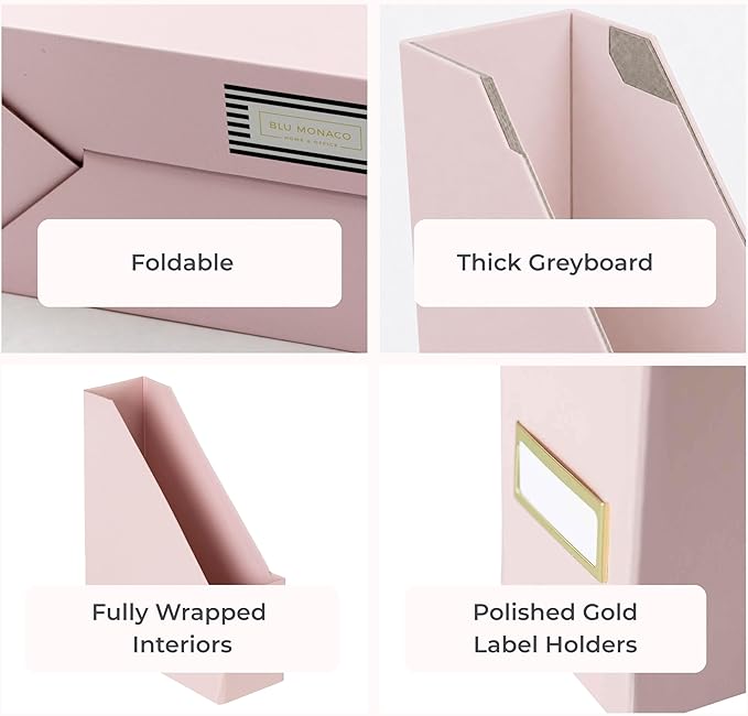BLU MONACO | Cardboard Magazine File Holder Set of 6 Pink | Vertical Magazine File Holder with Gold Label Slots | Standing File Holder and Cardboard Bins for Shelves Desk Storage