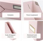 BLU MONACO | Cardboard Magazine File Holder Set of 6 Pink | Vertical Magazine File Holder with Gold Label Slots | Standing File Holder and Cardboard Bins for Shelves Desk Storage