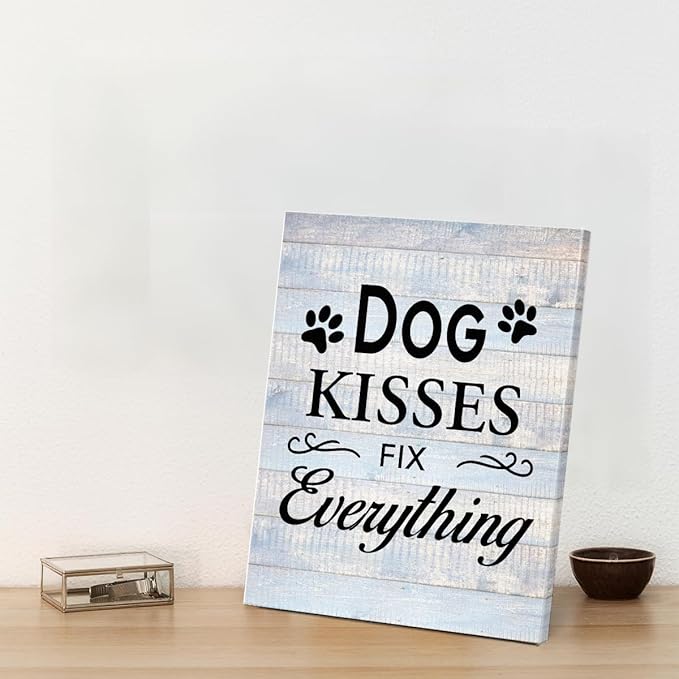 Funny Farmhouse Dog Canvas Wall Art Decor Dog Kisses Fix Everything Rustic Sign Painting Plaque Vintage Animal Pictures Print Home Decoration (8 X 10 Inches, Framed)