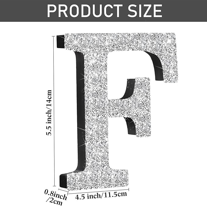 Qunclay 5.7" Silver Crystal Diamond Bling Letters Crushed Diamond Decoration Wooden Glitter Letter with Screw and Hooks Rhinestone Gift for Wedding Y2k Mcbling Bedroom Wall Decor (Letter F)