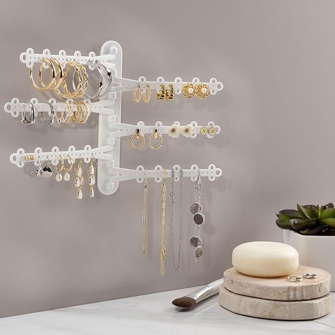 6-Tier 6" Wall Jewelry Organizer, Command Strips included for Easy Hanging, 120 Hole Earring Organizer, Necklace Organizer, Bracelet Holder, Ring Holder, Rotating Branches (White 6-TIer)
