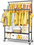 Rolling Clothes Rack with Doule Rod for Hanging, Heavy Duty Metal Garment Rack Load 450 LBS with Lockable Wheel, Free Standng Clothing Rack with 2 Shelves and Side Hooks for Home Commercial, Black