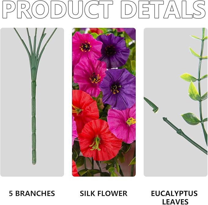 Artificial Hanging Flowers for Outdoor, 8 PCS Silk Morning Glory Faux Flowers with Eucalyptus Leaves,Realistic Hanging Plants for Wedding Home Office Garden Decor