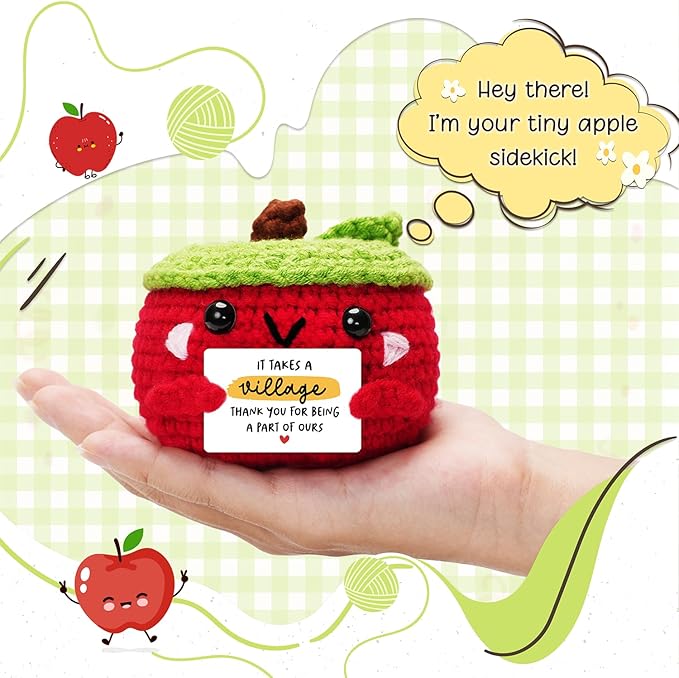 HEXMOZ End of Year Teachers Gifts - Apple Gift for Teachers - Daycare Teacher Appreciation Gifts - It Takes a Village Handmade Collectible Crochet Plush Doll