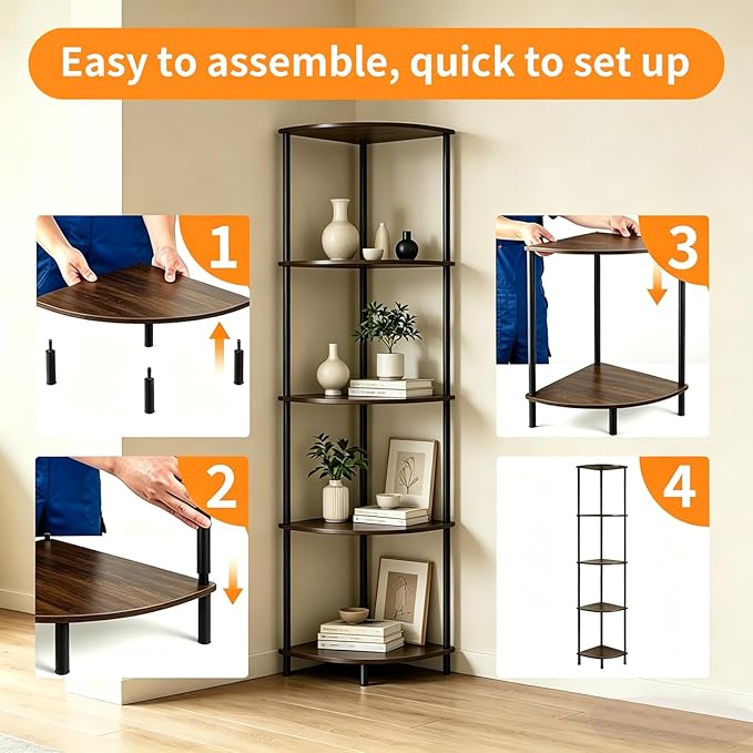 Corner Shelf Stand 5 Tier, Tall Slim Corner Bookshelf, Small Storage Display Shelving Unit for Home Office, Bathroom, Bedroom, Easy Assembly with Anti-Tip Design, Rustic Brown