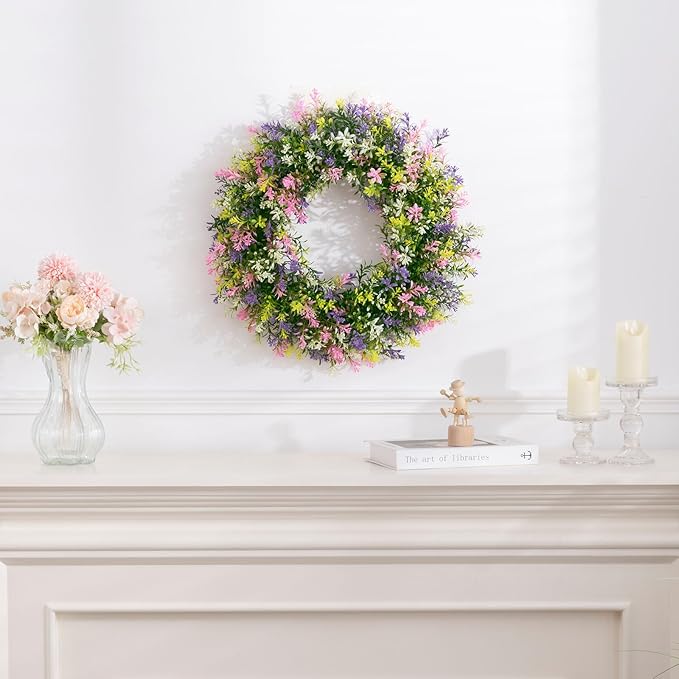 SHACOS Spring Wreath 17" Artificial Front Door Wreaths Pink Purple Yellow White Colorful Wreath for Home Wall Window Farmhouse Decoration 100% Plastic Indoor Outdoor
