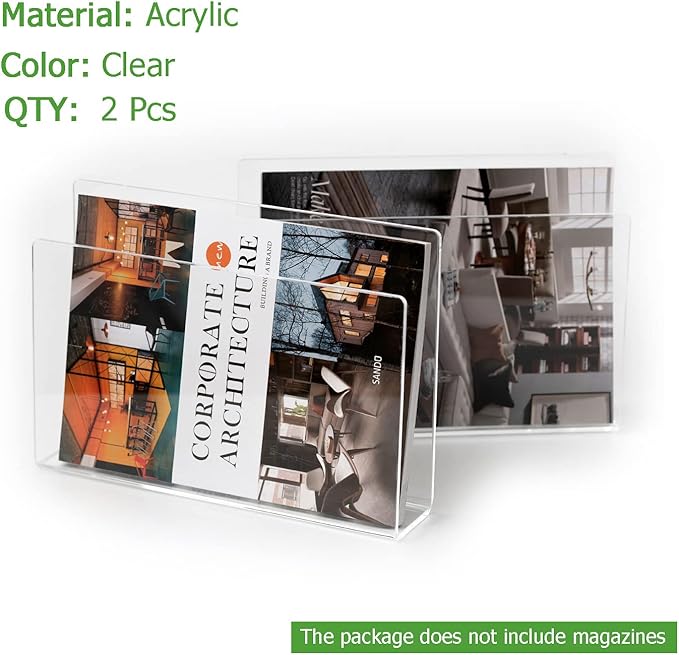 2 Pcs Magazine Holder, Wall Mount Clear Acrylic Magazine Rack, Organizer Folder, Bookshelf, File Storage Rack for Waiting Room, Living Room, Office, Home Display