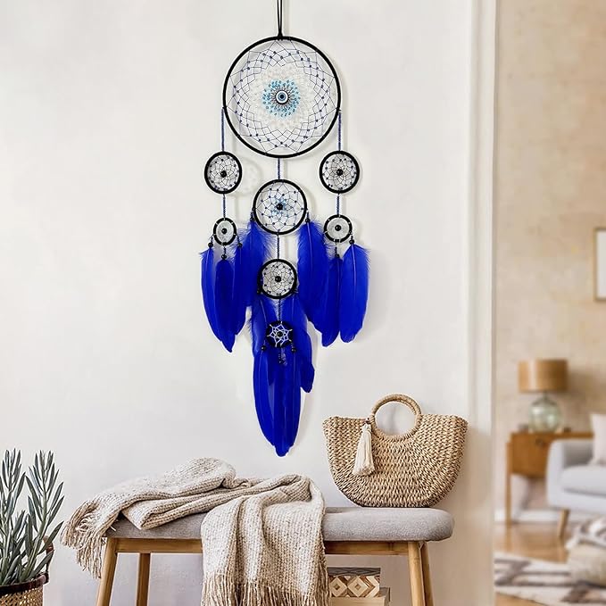 Blue Evil Eye Dream Catcher Wall Decor, Jiyamony Dreamcatcher Hanging Pendant for Home Protection and Blessing Decor with a Car Accessories Evil Eye Charm Gift