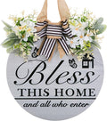 14'' Bless This Home and All Who Enter Wooden Door Sign - Welcome Porch Wall Sign with Bow-knot Wreath, Rustic Outdoor Decor for Front Door, Housewarming Gift for Front door/Entryway/Kitchen/Garden/Porch (All Seasons) (color-A)