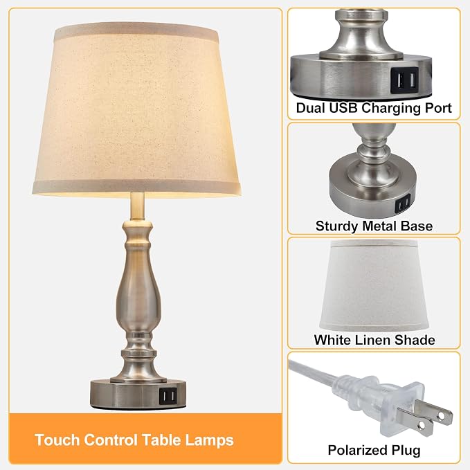 EJIAXIN Lamps for Bedrooms Set of 2, Brushed Nickel Bedside Lamps with USB C+A Ports,Dimmable Nightstand Lamps with Fabric Lampshade, Touch Table Lamp for Living Room Bedroom Office, Bulbs Included