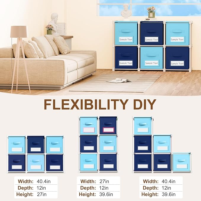 Geelin 6 Blue Cube Storage Organizer with Fabric Bins and Labels, 11 Inch Collapsible Toy Organizer Shelf Storage Bins Dresser Drawer for Boys Bedroom Nursery Playroom Room Decor