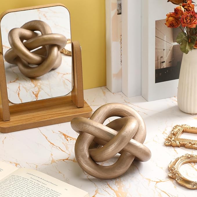 Yalikop 3 Link Wood Knot Decor Rustic Home Décor Accents Hand Carved Coffee Table Decoration, Boho Chain Link Decoration, Modern Shelf, Rustic Objects for Home Living Room Bedroom(Champagne)