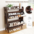 Shoe Storage Cabinet with 2 Flip Drawers, Entryway Shoe Cabinet with 2 Metal Hooks & Adjustable Shelves Freestanding Shoe Organizer Narrow Shoe Rack for Entrance Hallway Foyer Front Door,Rustic Brown