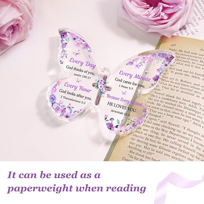 Christian Gifts for Women Faith, Butterfly Acrylic Plaque Decoration, Birthday Gifts for Women, Spiritual Present for Female Friend Family, Office Desk Decor for Woman, 5x3.8x0.5 Inch - Purple